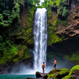 Caribbean Holidays, Dominica Walking Holidays, Walkers beside a spectacular Dominica waterfall surrounded by dense green rainforest and mossy rocks