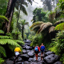 Caribbean Holidays, Dominica Walking Holidays, Walkers crossing a forest path near a Dominica waterfall, with wet volcanic rocks, ferns and misty tropical vegetation