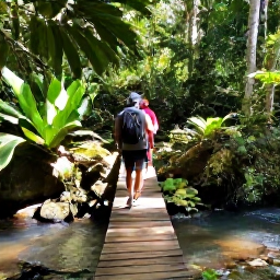 Caribbean Holidays, Dominica Walking Holidays, Walkers crossing a wooden footbridge beside a clear stream in Dominica's tropical rainforest, January sunshine filtering through the trees