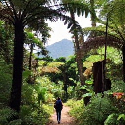 Caribbean Holidays, Dominica Walking Holidays, Walkers crossing the lush Waitukubuli National Trail in Dominica, surrounded by tropical forest, ferns and distant green hills