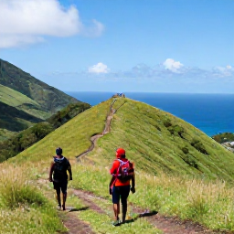 Caribbean Holidays, Dominica Walking Holidays, Walkers following Dominica&rsquo;s Waitukubuli National Trail along a green hillside overlooking the Caribbean Sea