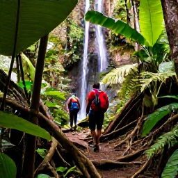 Caribbean Holidays, Dominica Walking Holidays, Walkers on a rainforest trail near Trafalgar Falls in Dominica, surrounded by broad leaves, ferns, tree roots and a small waterfall