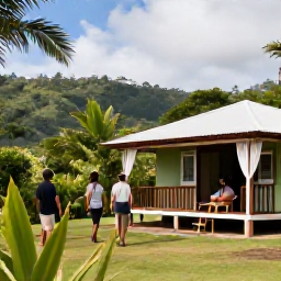 Caribbean Holidays, Dominica Walking, Walkers relaxing at a small Dominica guesthouse terrace after a hike, surrounded by tropical gardens and green hills