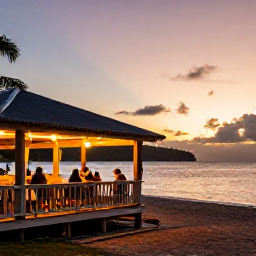 Caribbean Holidays, Dominica Wellness, A calm coastal view in Dominica near sunset, with a small local restaurant, warm lights and diners enjoying a relaxed evening