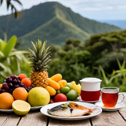 Caribbean Holidays, Dominica Wellness, A friendly outdoor table in Dominica serving fresh tropical fruit, vegetables, local fish and herbal tea, with rainforest hills in the background