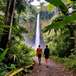 Caribbean Holidays, Dominica Wellness, A lush Dominica rainforest trail leading to a clear waterfall, with a couple walking peacefully beneath tropical trees