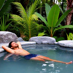Caribbean Holidays, Dominica Wellness, A peaceful outdoor wellness setting beside Dominica hot springs, with a person relaxing in warm mineral water surrounded by tropical greenery