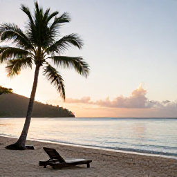 Caribbean Holidays, Dominica Wellness, A peaceful tropical beach in Dominica at sunrise, with calm Caribbean water, palms and a few comfortable loungers