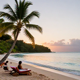 Caribbean Holidays, Dominica Wellness, A peaceful tropical beach in Dominica at sunrise, with calm turquoise water, palms and a quiet wellness atmosphere