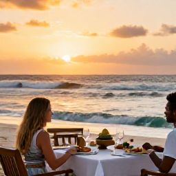 Caribbean Holidays, Dominica Wellness, A relaxed beachfront dinner in Dominica at sunset, with fresh local food, gentle waves and warm evening light