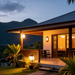 Caribbean Holidays, Dominica Wellness, A relaxed evening at a small Dominica guesthouse terrace with tropical plants, gentle lantern light and distant mountain views