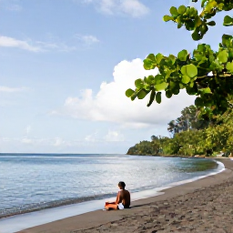 Caribbean Holidays, Dominica Wellness, A small secluded black sand beach on Dominica with calm sea, tropical trees and a relaxed traveller sitting near the water
