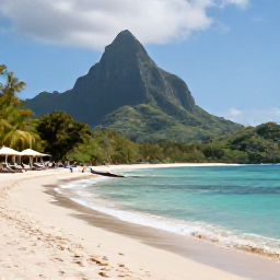 Caribbean Holidays, Dominica Wellness, A tranquil Caribbean beach in Dominica in May, with calm turquoise water, soft sand, green mountains and a few shaded loungers