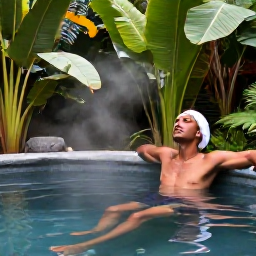 Caribbean Holidays, Dominica Wellness, A tranquil Dominica wellness scene with a natural hot spring pool, tropical foliage and a visitor relaxing in the warm mineral water