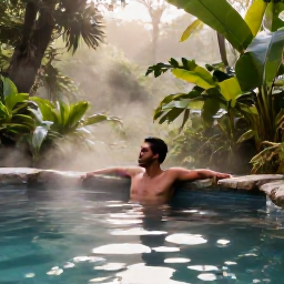 Caribbean Holidays, Dominica Wellness, An outdoor wellness scene in Dominica with a natural hot pool, rainforest vegetation, soft morning light and a traveller relaxing