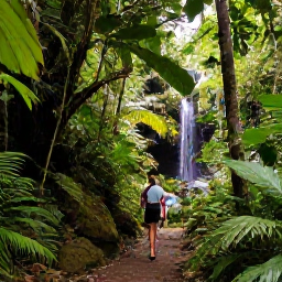 Caribbean Holidays, Dominica Wellness Break, A lush Dominica rainforest trail in September, with a small waterfall, tropical foliage and a couple enjoying a gentle nature walk