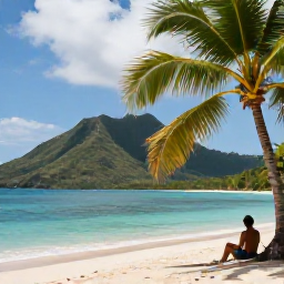 Caribbean Holidays, Dominica Wellness Break, A peaceful tropical beach in Dominica during September, with calm turquoise water, green hills and a relaxed traveller sitting beneath a palm tree