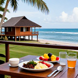 Caribbean Holidays, Dominica Wellness Break, A quiet seaside wellness scene in Dominica, with a small eco-lodge, healthy Caribbean meal, tropical fruit and views across the blue sea