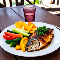 Caribbean Holidays, Dominica Wellness, Colourful healthy Caribbean meal in Dominica with fresh fruit, vegetables, grilled fish and local herbs on a shaded terrace