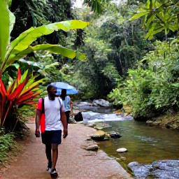 Caribbean Holidays, Dominica Wellness, Gentle rainforest trail in Dominica with visitors walking beside a clear stream and tropical plants