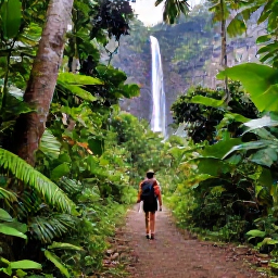 Caribbean Holidays, Dominica Wellness, Green rainforest trail in Dominica leading towards a waterfall, hiker walking peacefully beneath tropical trees