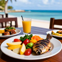 Caribbean Holidays, Dominica Wellness, Healthy Caribbean lunch with fresh fruit, vegetables and grilled fish at a relaxed seaside restaurant in Dominica