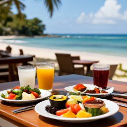 Caribbean Holidays, Dominica Wellness, Healthy Caribbean lunch with fresh tropical produce beside the sea in Dominica, relaxed outdoor dining setting