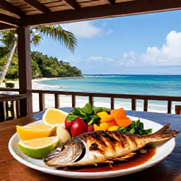 Caribbean Holidays, Dominica Wellness, Healthy Caribbean meal with fresh tropical fruit, vegetables and grilled fish on a shaded terrace overlooking Dominica's sea