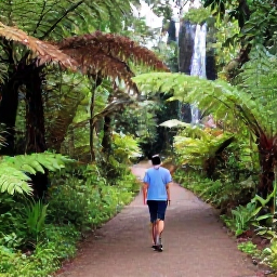 Caribbean Holidays, Dominica Wellness, Lush Dominica rainforest trail with a small waterfall, ferns and a visitor enjoying a peaceful walk