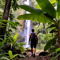 Caribbean Holidays, Dominica Wellness, Lush rainforest trail in Dominica with a small waterfall, hiker walking peacefully beneath broad tropical leaves