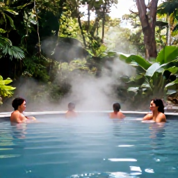Caribbean Holidays, Dominica Wellness, Natural hot sulphur pool in Dominica surrounded by rainforest, gentle steam rising and visitors relaxing in the warm water