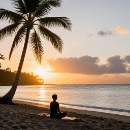 Caribbean Holidays, Dominica Wellness, Peaceful black sand beach in Dominica at sunset, calm Caribbean Sea, palm trees, and a person practising quiet meditation