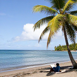Caribbean Holidays, Dominica Wellness, Peaceful black sand beach on Dominica with calm Caribbean sea, palm trees and a person reading in the shade