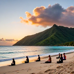 Caribbean Holidays, Dominica Wellness, Peaceful Dominica coastline at sunset with a small yoga group on a quiet beach and green hills beyond