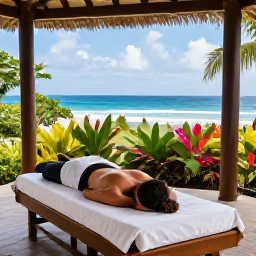 Caribbean Holidays, Dominica Wellness, Peaceful Dominica wellness retreat with outdoor massage area, tropical plants and views towards the Caribbean Sea