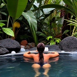 Caribbean Holidays, Dominica Wellness, Person relaxing in a natural hot spring surrounded by Dominica rainforest, tropical greenery and volcanic rocks