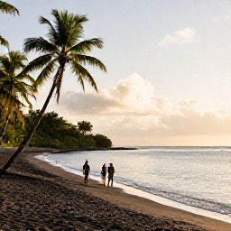 Caribbean Holidays, Dominica Wellness, Quiet black sand beach on Dominica with palm trees, calm sea and a couple walking beside the water in warm afternoon light