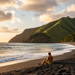 Caribbean Holidays, Dominica Wellness, Quiet Dominica coastline at sunset in May, with a relaxed traveller sitting near the sea, dark volcanic sand and softly lit green hills