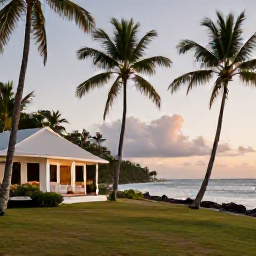 Caribbean Holidays, Dominica Wellness, Quiet Dominica coastline with a small boutique hotel, palm trees, soft evening light and a relaxed Caribbean setting