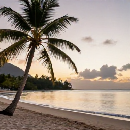 Caribbean Holidays, Dominica Wellness, Quiet tropical beach in Dominica at sunrise, calm Caribbean water, palm trees and a peaceful wellness holiday atmosphere