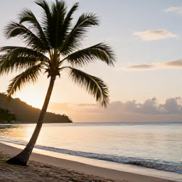 Caribbean Holidays, Dominica Wellness, Quiet tropical beach in Dominica at sunrise, calm sea, palm trees and soft natural light