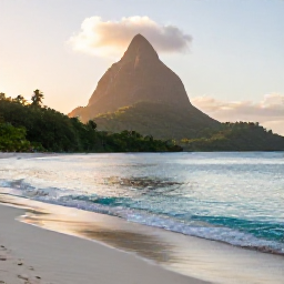 Caribbean Holidays, Dominica Wellness, Quiet tropical beach in Dominica at sunrise, calm turquoise water, green hills and a peaceful wellness holiday atmosphere