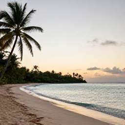 Caribbean Holidays, Dominica Wellness, Quiet tropical beach in Dominica at sunrise, with calm turquoise water, palm trees and soft golden light