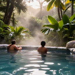 Caribbean Holidays, Dominica Wellness, Quiet tropical hot spring pool surrounded by dense rainforest in Dominica, soft morning light, natural wellness travel photograph