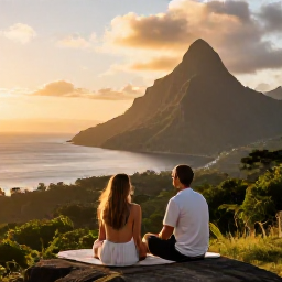 Caribbean Holidays, Dominica Wellness, Relaxed couple overlooking Dominica's lush mountains and Caribbean coastline at sunset in June