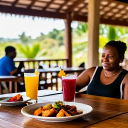 Caribbean Holidays, Dominica Wellness, Relaxed outdoor Dominican restaurant serving fresh tropical food and herbal drink, natural surroundings and friendly local atmosphere