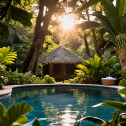 Caribbean Holidays, Dominica Wellness Retreats, A peaceful tropical wellness scene in Dominica with lush rainforest, warm sunlight and a quiet natural pool