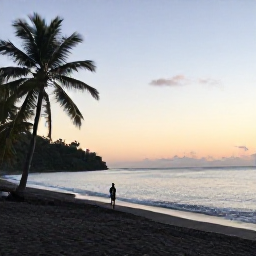 Caribbean Holidays, Dominica Wellness Retreats, A quiet black sand beach in Dominica at sunset with calm sea, palm trees and one person walking slowly along the shore