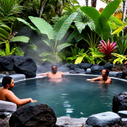 Caribbean Holidays, Dominica Wellness Retreats, Visitors relaxing in a warm natural hot spring surrounded by tropical greenery and volcanic rocks in Dominica
