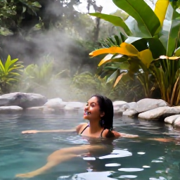 Caribbean Holidays, Dominica Wellness, Traveller relaxing in a natural hot spring beside Dominican rainforest, steaming water, tropical plants and peaceful atmosphere